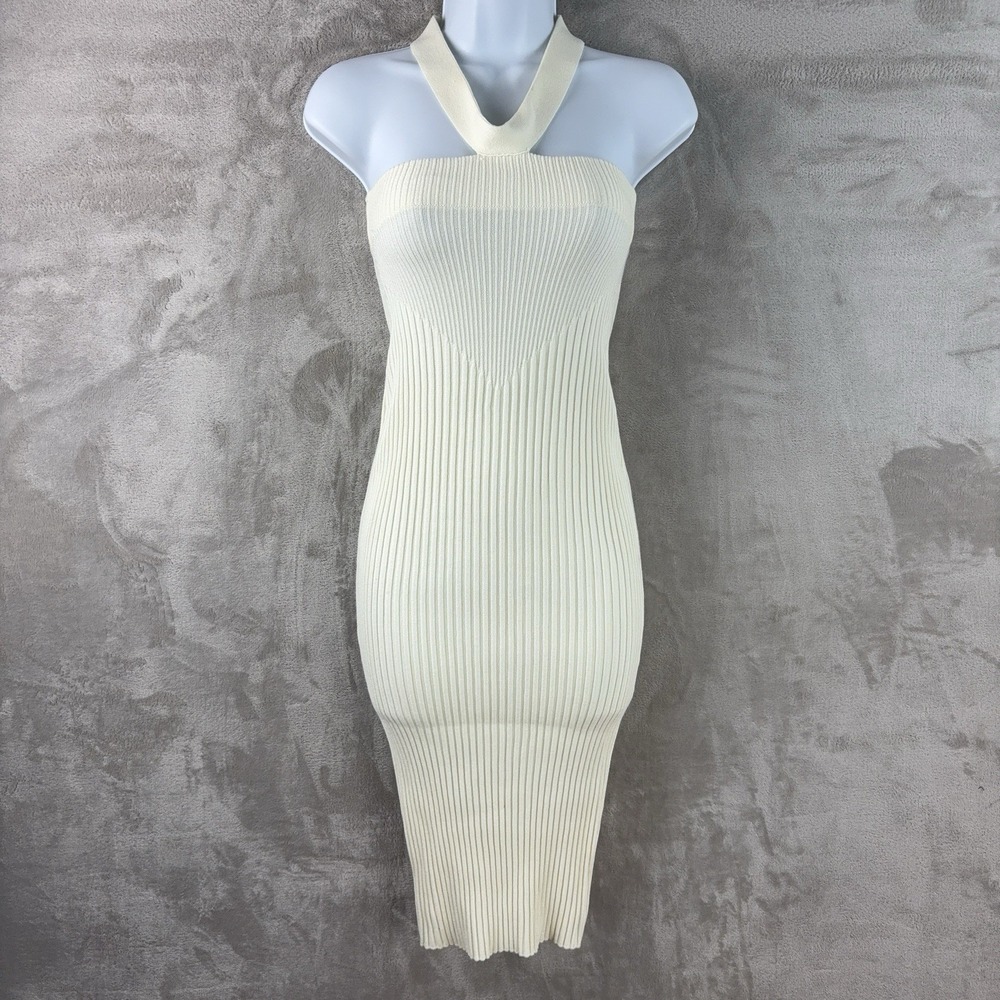 Andrea Adamo Ribbed Halter Dress‎ Womens Size XS White Bodycon Midi Stretch